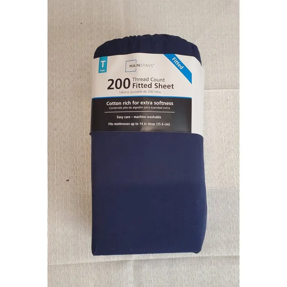 Mainstays Twin Size Fitted Sheet 200 Thread Count Cotton Rich Navy Blue Bedding